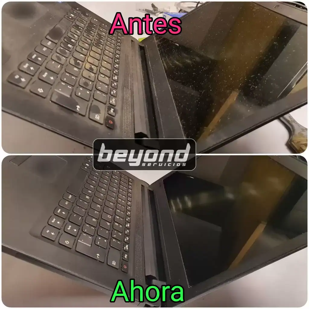 Two pictures of a laptop before and after cleaning